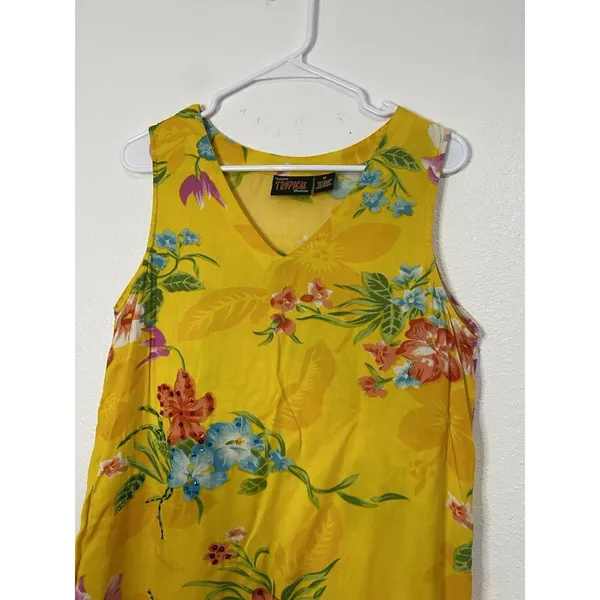 Indian Tropical Fashion Yellow Floral Beaded Sequin Rayon Sundress V-Neck M - Image 13