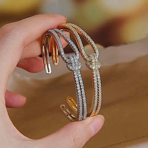Women's 18k Gold‎ Plated Knot Bling Simulated Diamond Cuff Bracelet, Adjustable - Image 5