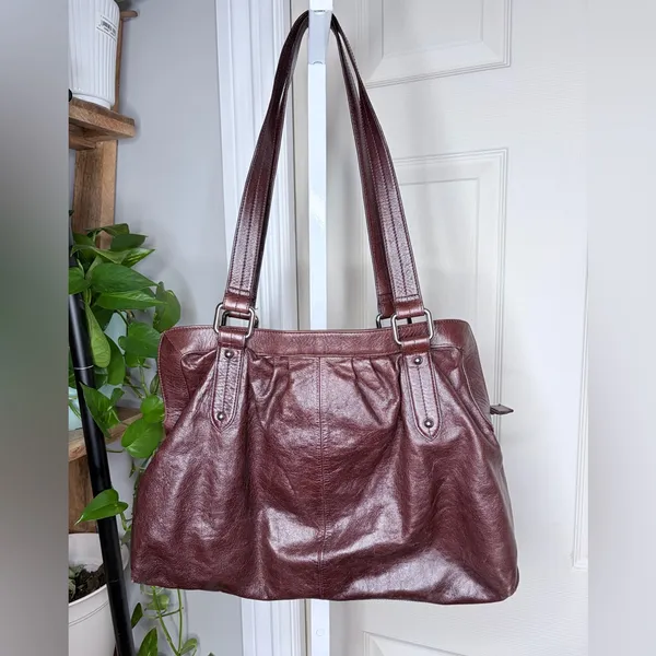 HOBO Burgundy Leather Shoulder Tote Bag Y2K Vintage Brown Slouchy - Image 2