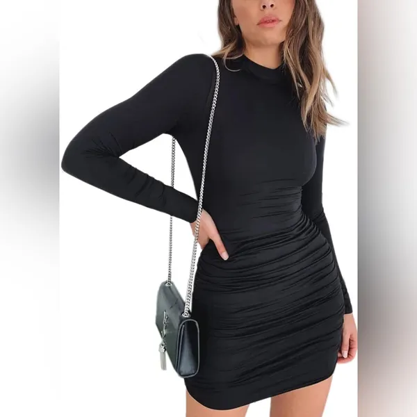 🦄* New! Black High Neck Long Sleeve Sheer Ruched Bodycon Mini Party Dress XXS - Image 4