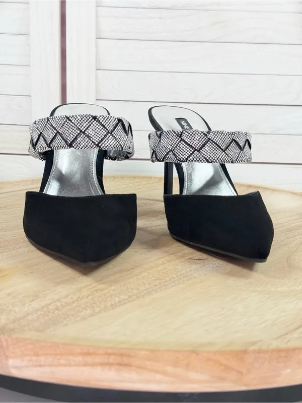 Nine West Greet Rhinestone Strap‎ Pointed Toe Mule Pumps Black Silver 7 - Image 2