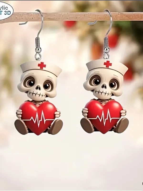 ❤️‍🩹❤️‍🩹❤️‍🩹3 for 12$❤️‍🩹❤️‍🩹❤️‍🩹Cute Nurse Skull Heart Earrings - Red - Image 3