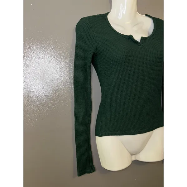 American Eagle Waffle Knit Shirt Womens Small Green Scoop Neck Long Sleeve Top - Image 2