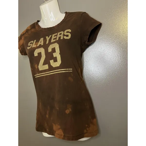Source Unknown Slayers Shirt Womens Size XS Brown Bleach Dye Glitter 23 Graphic Tee Top - Image 4