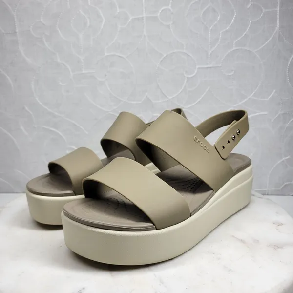 Crocs Brooklyn Low Wedge Sandals Size 8 Mushroom LiteRide Slingback Two Strap - Image 4