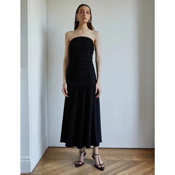 Pixie Market Women's Solid Ruched Black Strapless Flared Long Maxi Dress Size L Size L - Image 2
