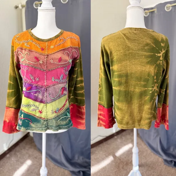 Boho Patchwork Embroidered Tie Dye Top Women's Small Multiple - Image 2