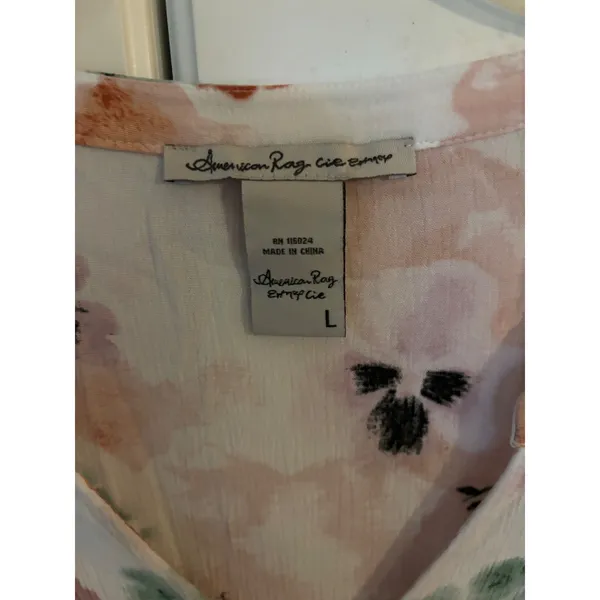 American Rag Floral V-Neck Blouse Bell Sleeve Boho Top Peach Green Large - Image 3