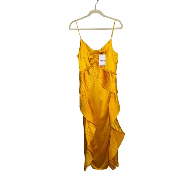 NWT AMUR Leena Pleated Ruffe Satin Maxi Slip Dress in Tuscany Yellow Sz. 12 - Image 5