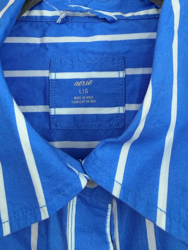 Aerie Good Day Button‎ Down Shirt Large Blue Striped Oversized Cotton - Image 7