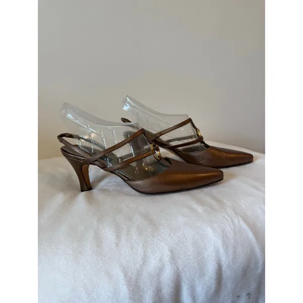 Vintage Larry Stuart Slingback Pumps Shoes Women Size 8.5 Brown Gold leather - Image 2