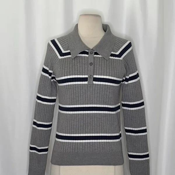 BOHME Striped Polo Henley Sweater Gray Navy Blue White Buttons Pullover Large - Image 3