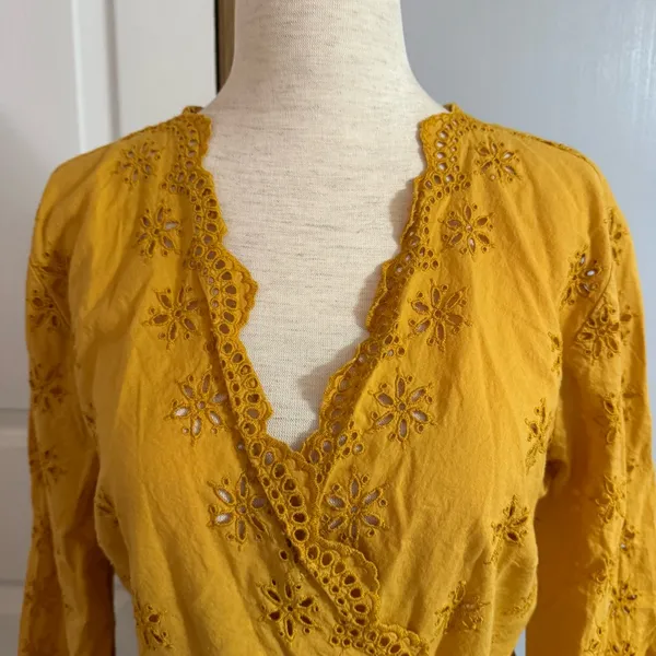 Madewell Mustard Yellow Eyelet Faux Wrap Shirt Size Small - Image 7