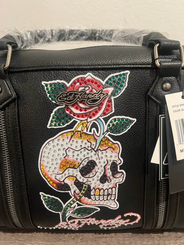 Ed Hardy Black Embellished Skull & Rose Satchel Bag w/ Strap - Image 2