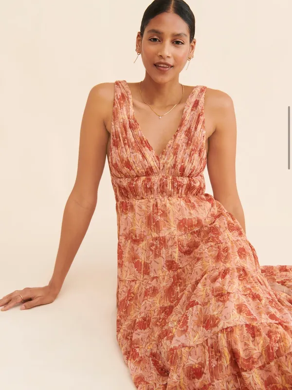 Let Me Be Floral Jacquard Tiered Maxi Dress in Rust-Pink - Image 3