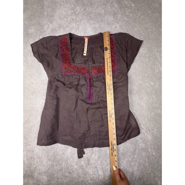 Free People Embroidered Linen Peasant Blouse Square Neck Tie Back Brown Boho A - Image 5