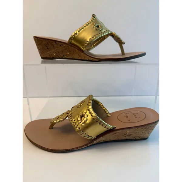 Jack Rogers Cork Wedge Sandals Womens Size 7 Gold Metallic Whipstitch Resortwear - Image 4