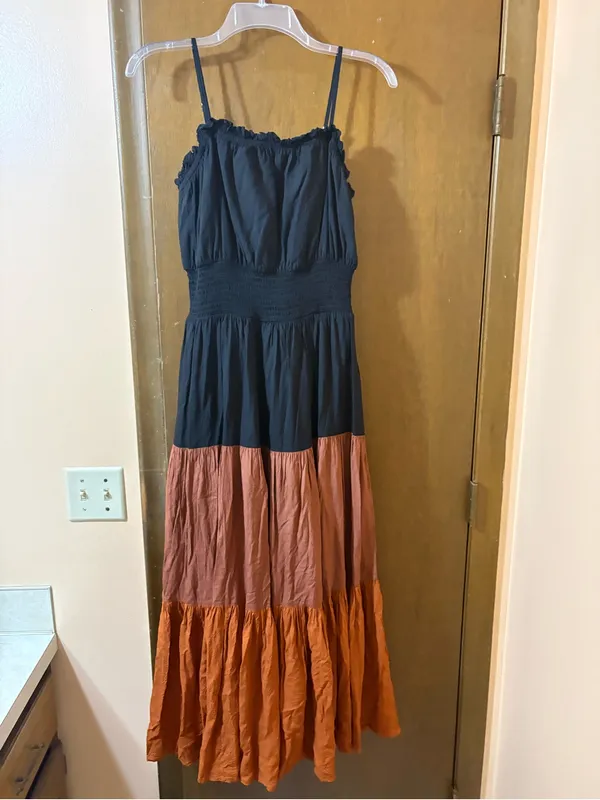 Seen Worn Kept Anthropologie tiered black & orange sleeveless maxi dress - Image 3