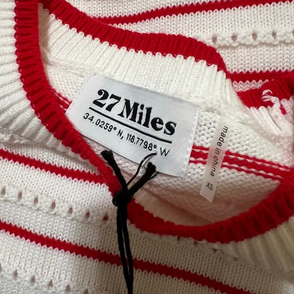 27 Miles Malibu Leah Cotton Striped Crew Sweater in Cloud White Flame red NEW XS - Image 6
