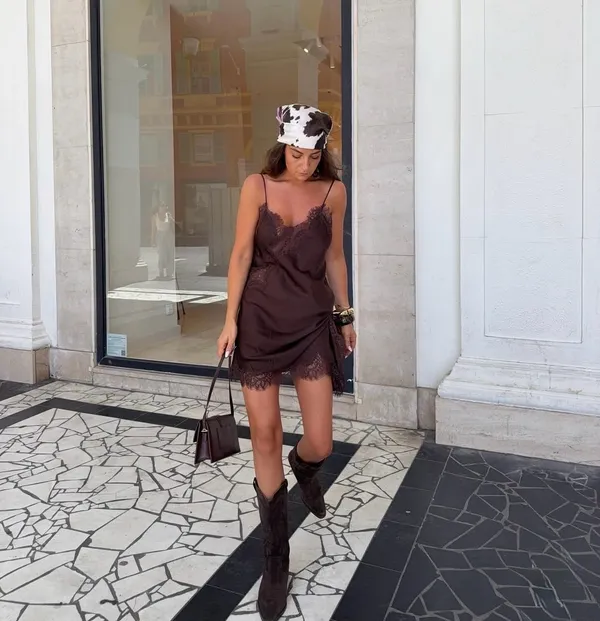 Zara Elegant Brown Lace Slip Satin Mini Asymmetric Dress blogger favorite - Image 3