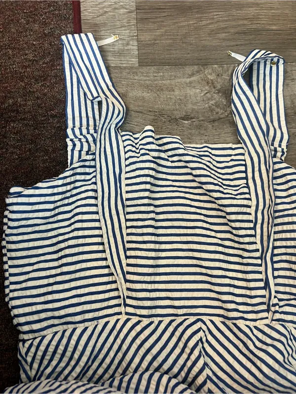 Draper James chevron Striped Square-Neck Midi Dress in Light Blue and White - Image 13