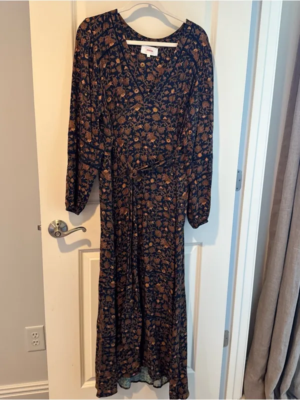 Xirena Charly Midi Dress Floral Long Sleeve Brown & Navy Blue | XL - Image 4