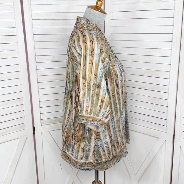 Chicos Shirred Cut Away Art To Wear Short Sleeve V Neck Jacket Tan Multi‎ Large - Image 3