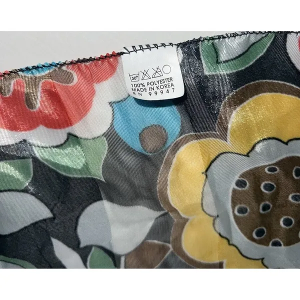 Vintage Space Age Scarf Black Floral Flower Print 20" Square Polyester Womens - Image 4
