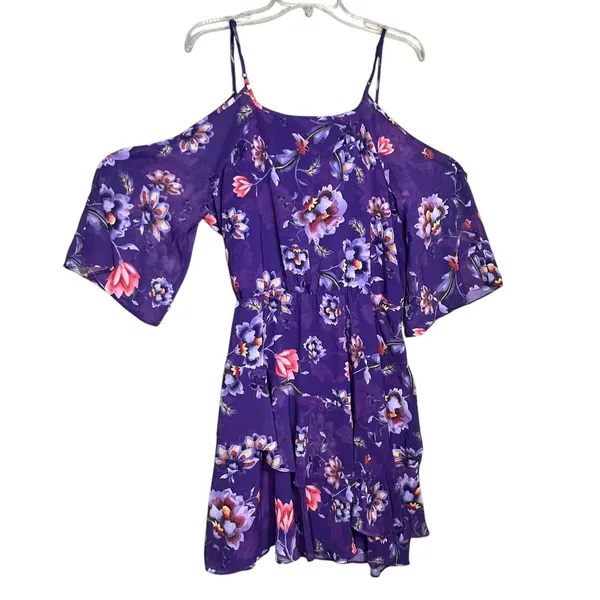 Bar III Dress Women's XL Purple Floral Cold Shoulder Ruffle Fit & Flare Sundress - Image 3