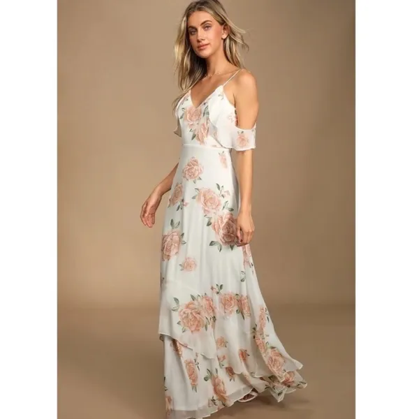 Lulus Take You There Floral Maxi Dress M NWT Ivory Off Shoulder Wedding Guest - Image 3