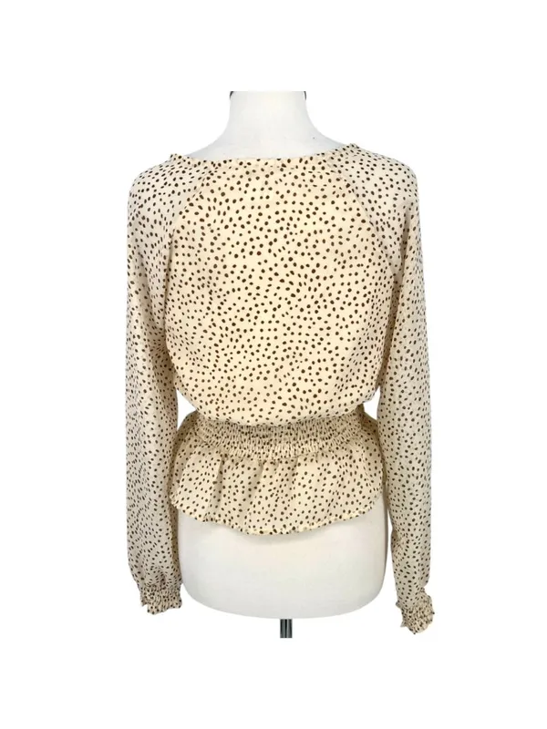 Japna Boho Romantic Peplum Retro Surplice Dot Blouse Cream Beige Size Medium - Image 6