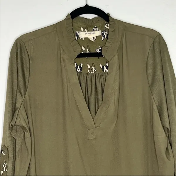 Anthropologie‎ Porridge Aidan Shirt Top Green Size S 3/4 Roll Sleeve Dog Detail - Image 4