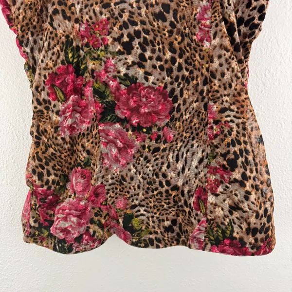 No Boundaries Vintage Y2K Brown Pink Leopard Rose Corset Style Mesh Babydoll Cami Tank Top - Image 8