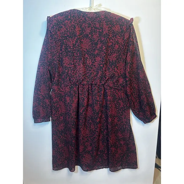 BeachLunchLounge XL Red Black Print Ruffle Long Sleeve Lined Chiffon Shift Dress - Image 3