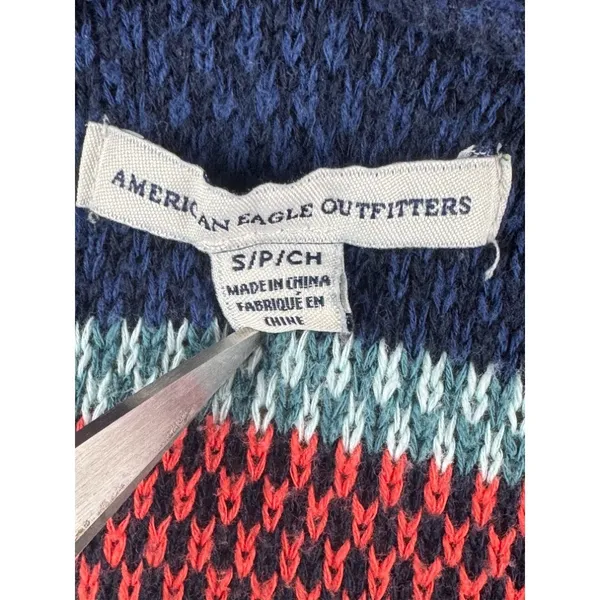 American Eagle Women Baja Hoodie Small Navy Multi Color Striped Knit Hippie Boho - Image 3