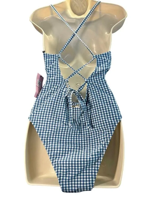 Juicy Couture Seersucker Lined Blue Gingham Zipper Front women sz L - Image 4