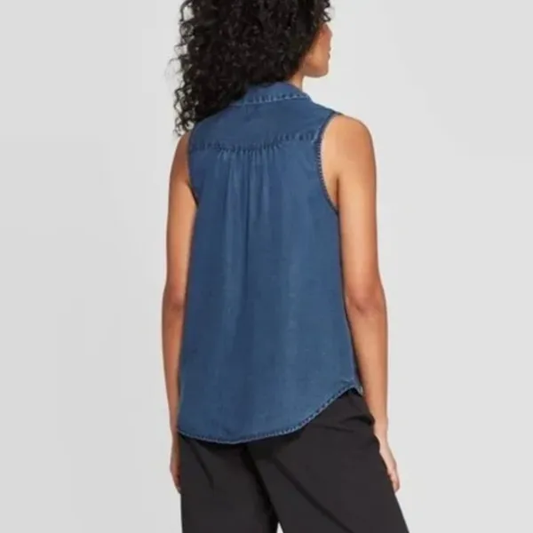 A New‎ Day XS Denim Sleeveless Buttoned Top Casual Boho Resort Capsule Spring - Image 2