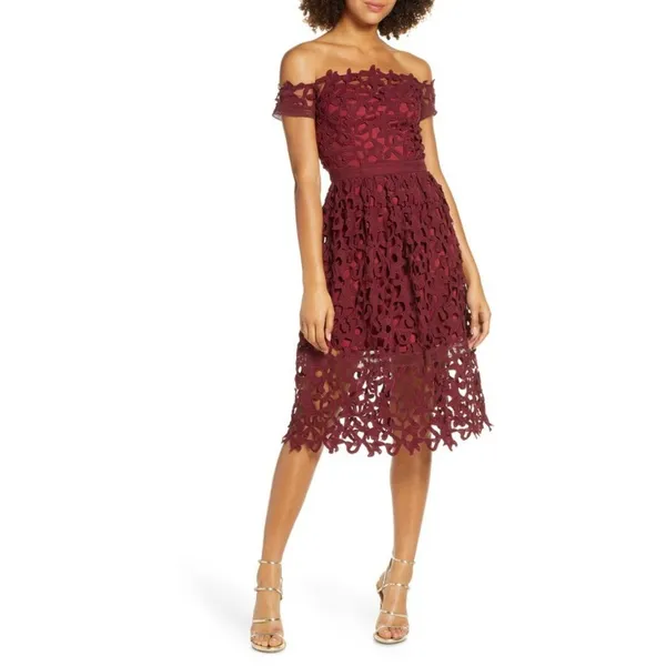 Chi‎ Chi London Midi Dress Crochet Lace Burgundy Off The Shoulder US 4 Romantic - Image 2