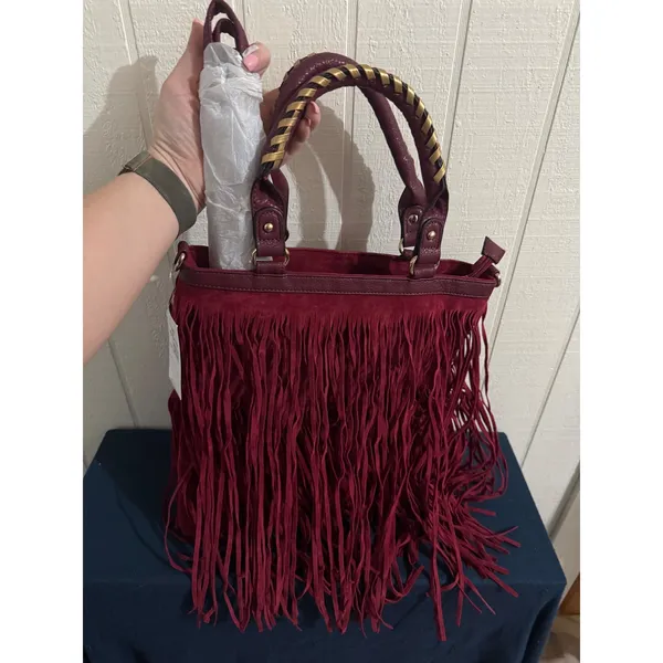 Heritage West Western Handbag Burgundy Fringe Tote Bag Gold Whipstitch New - Image 6