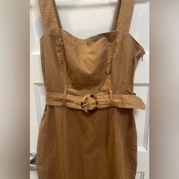 Zara brown linen-blend midi dress with matching belt and Slit Size XS - Image 5