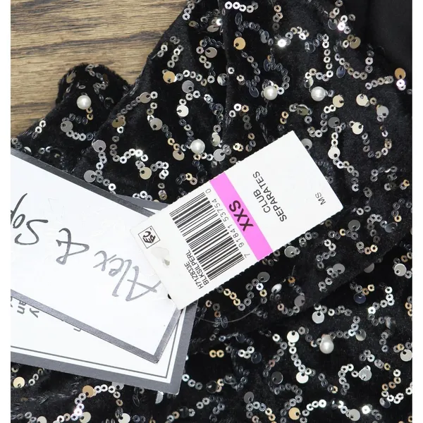 NWT Alex & Sophia Cropped Faux-Pearl-Trim Sequin Velvet Top Charcoal Black 2XS - Image 6