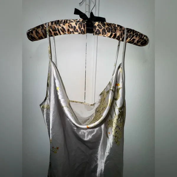 Floral Satin Cowl Neck Slip Dress XL Silver - Image 5