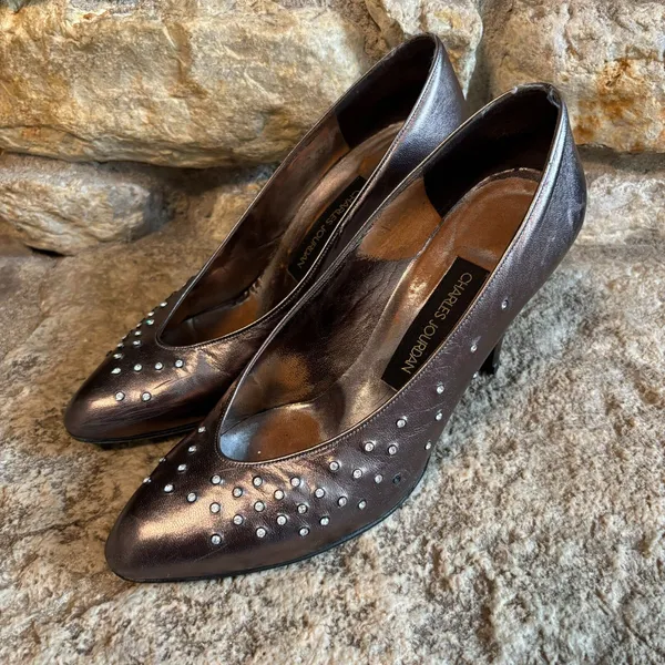 CHARLES JOURDAN Vintage Bronze Leather Rhinestones 3.5" Heels Pumps Shoes 9 - Image 3