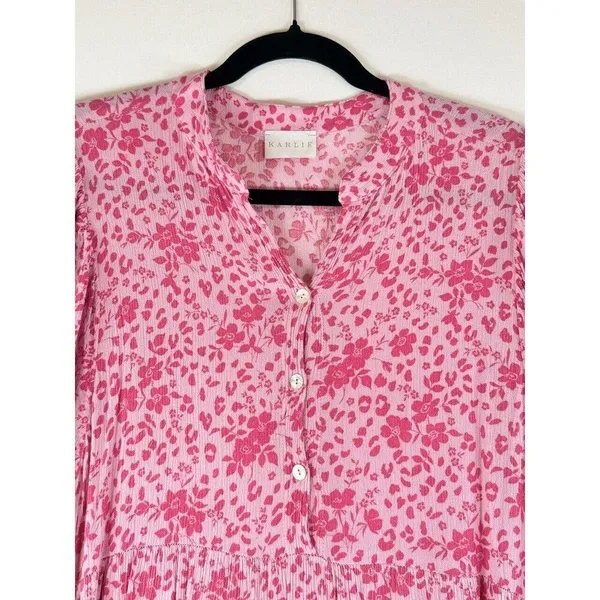 Karlie Womens Dress Pink Floral Ditsy Midi Tiered A Line Cottagecore Boho Small - Image 5