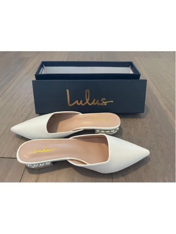 Lulus Women's White Perlia Pearl Pointed Toe Mules Size 7.5 - Image 3