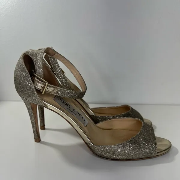 Jimmy Choo Annie D'Orsay Glitter Sparkle Ankle Strap Sandals Heels - Image 8
