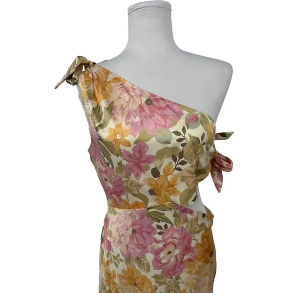 Showpo Glaucus Midi Dress 10 Floral One Shoulder Cut Out Satin Romantic Feminine - Image 8