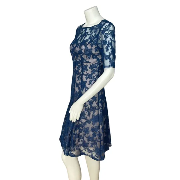 Adrianna Papell Lace Dress Illusion Lace Fit‎ and Flare Short Sleeve Sz 6 Floral - Image 3