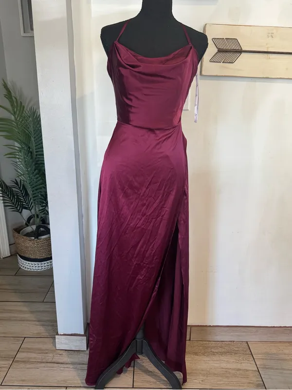 David's Bridal Burgundy Satin Cowl Neck Maxi Dress - Image 2