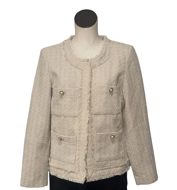 NWT NANETTE nanette lepore Pearl Button Tweed Jacket Large Oatmeal - Image 3
